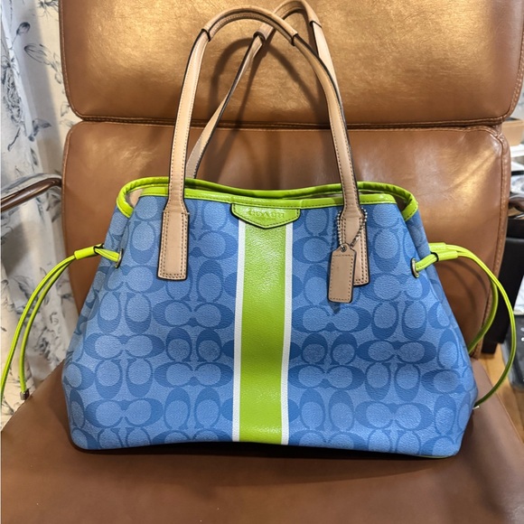 Coach Blue Signature Stripe Tote Bag Lime Green Trim Y2K Purse - Picture 12 of 13